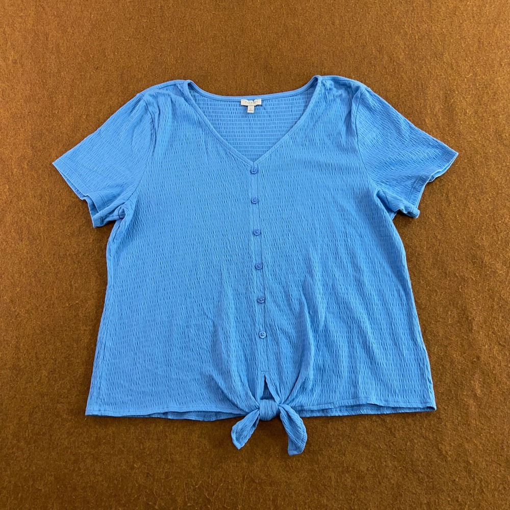 Talbots Womens Large Blue Textured Tie Front Button Up Short Sleeve Top New
